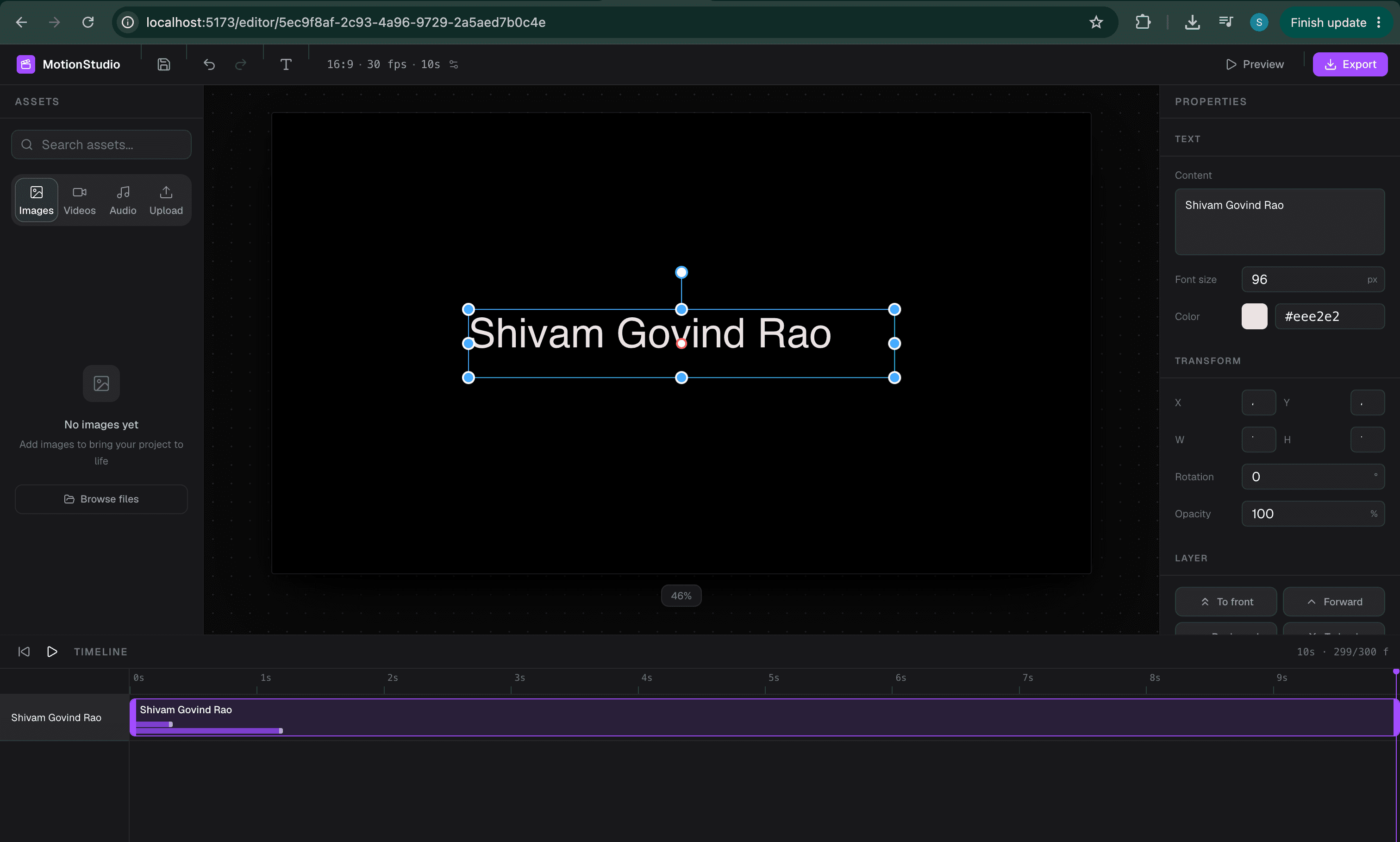 The editor today — canvas, properties panel, frame-accurate timeline