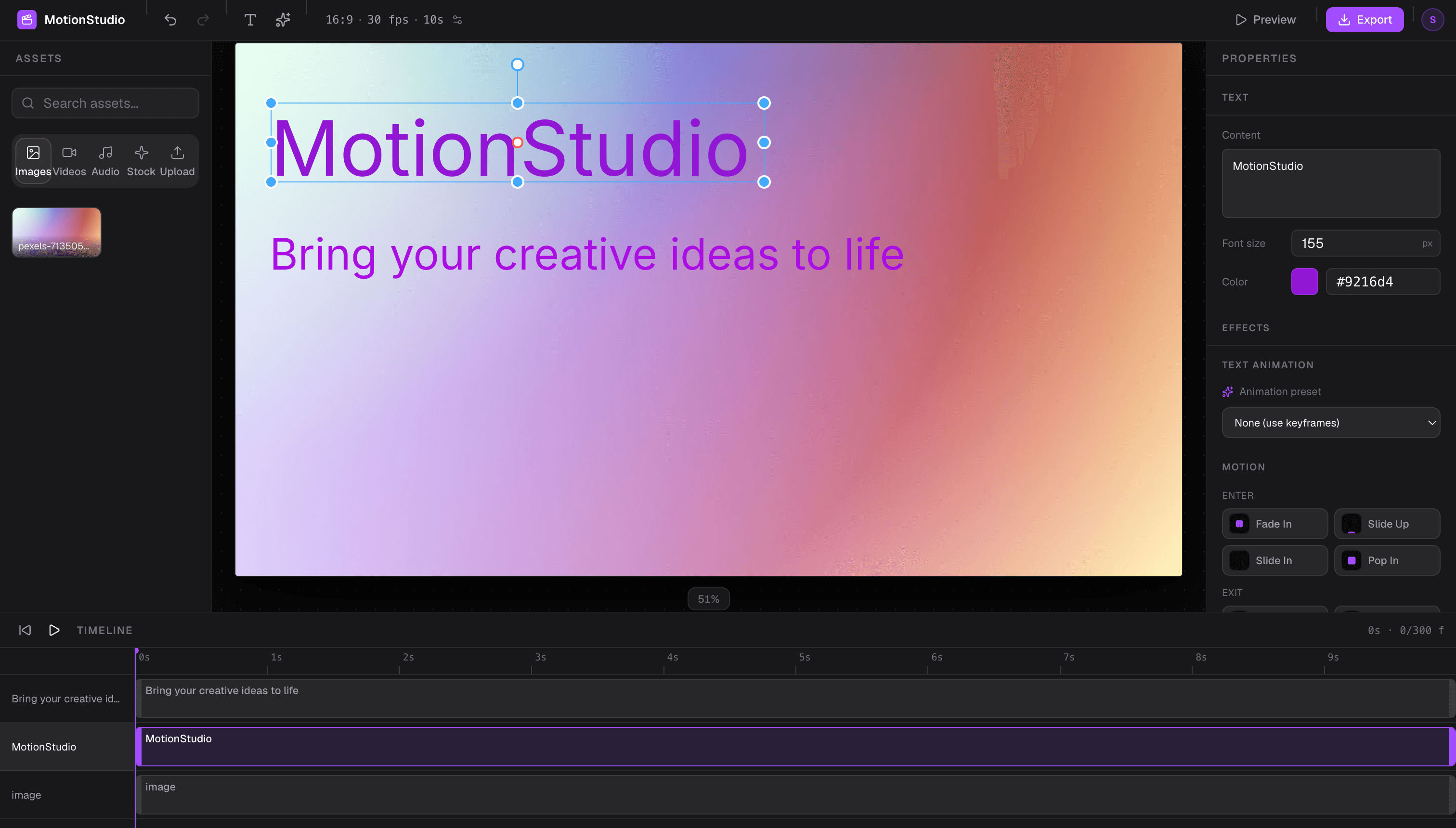 The editor — assets, canvas, live properties, and a frame-accurate timeline